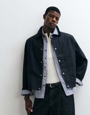 Arket Waxed Cotton Short Jacket With Contrast Cord Collar In Black
