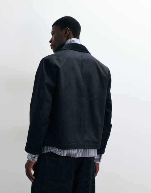 ARKET waxed cotton short jacket with contrast cord collar in black, 5 of 5