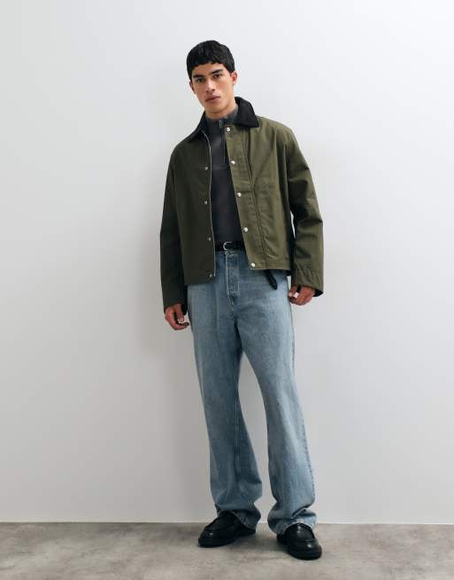 ARKET waxed cotton short jacket with contrast cord collar in khaki, 3 of 5