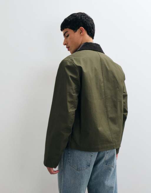 ARKET waxed cotton short jacket with contrast cord collar in khaki, 4 of 5