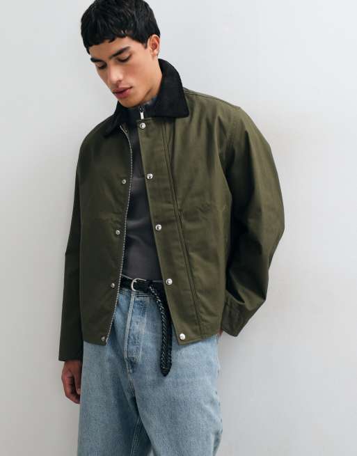 ARKET waxed cotton short jacket with contrast cord collar in khaki, 5 of 5