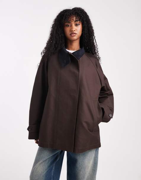 ARKET waxed cotton trench jacket in dark brown - view 1