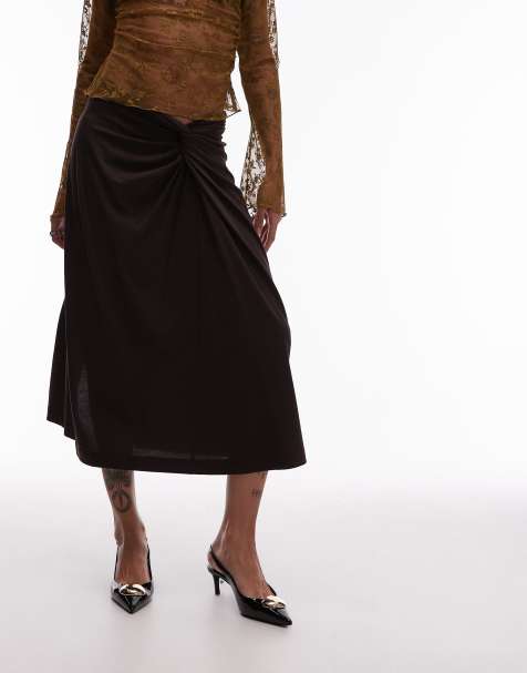 ARKET pull on stretch midi skirt with twist detail in chocolate brown