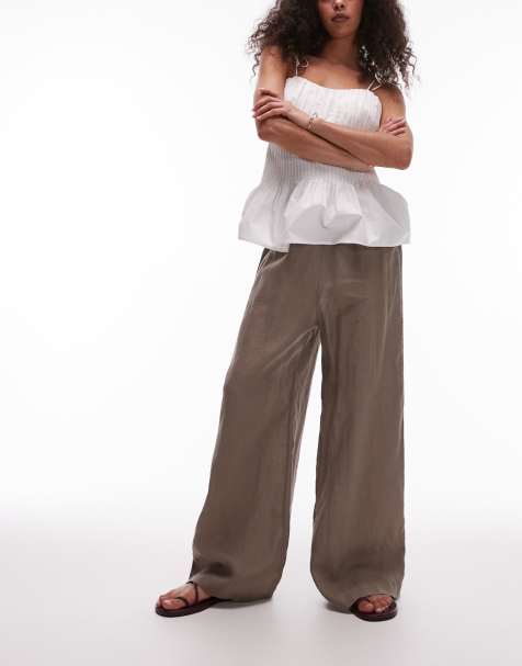 ARKET pure linen palazzo trousers with pull-on waist in mocha brown