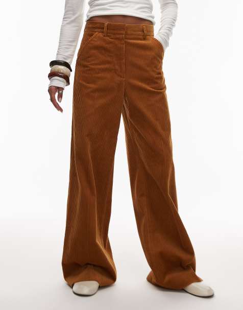 ARKET wide leg cord pants with tailored waistband in brown - view 1