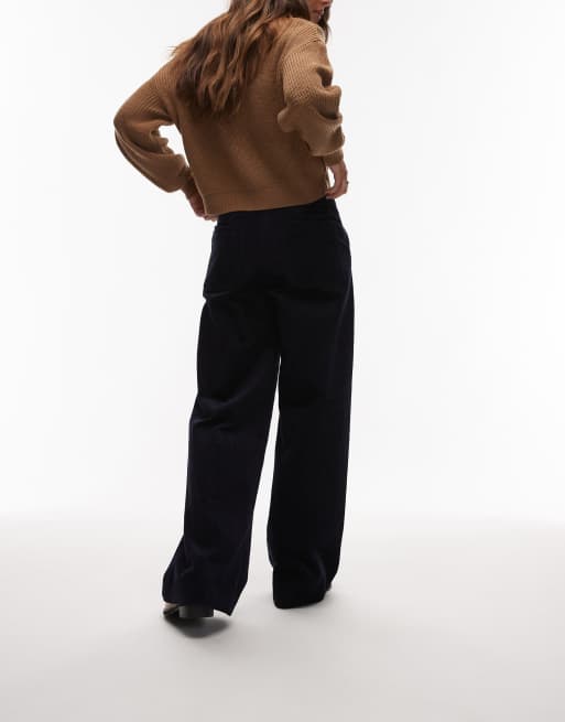 ARKET wide leg cord trousers with tailored waistband  in navy blue, 2 of 5
