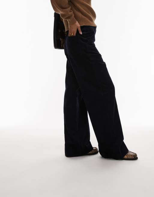 ARKET wide leg cord trousers with tailored waistband  in navy blue, 4 of 5