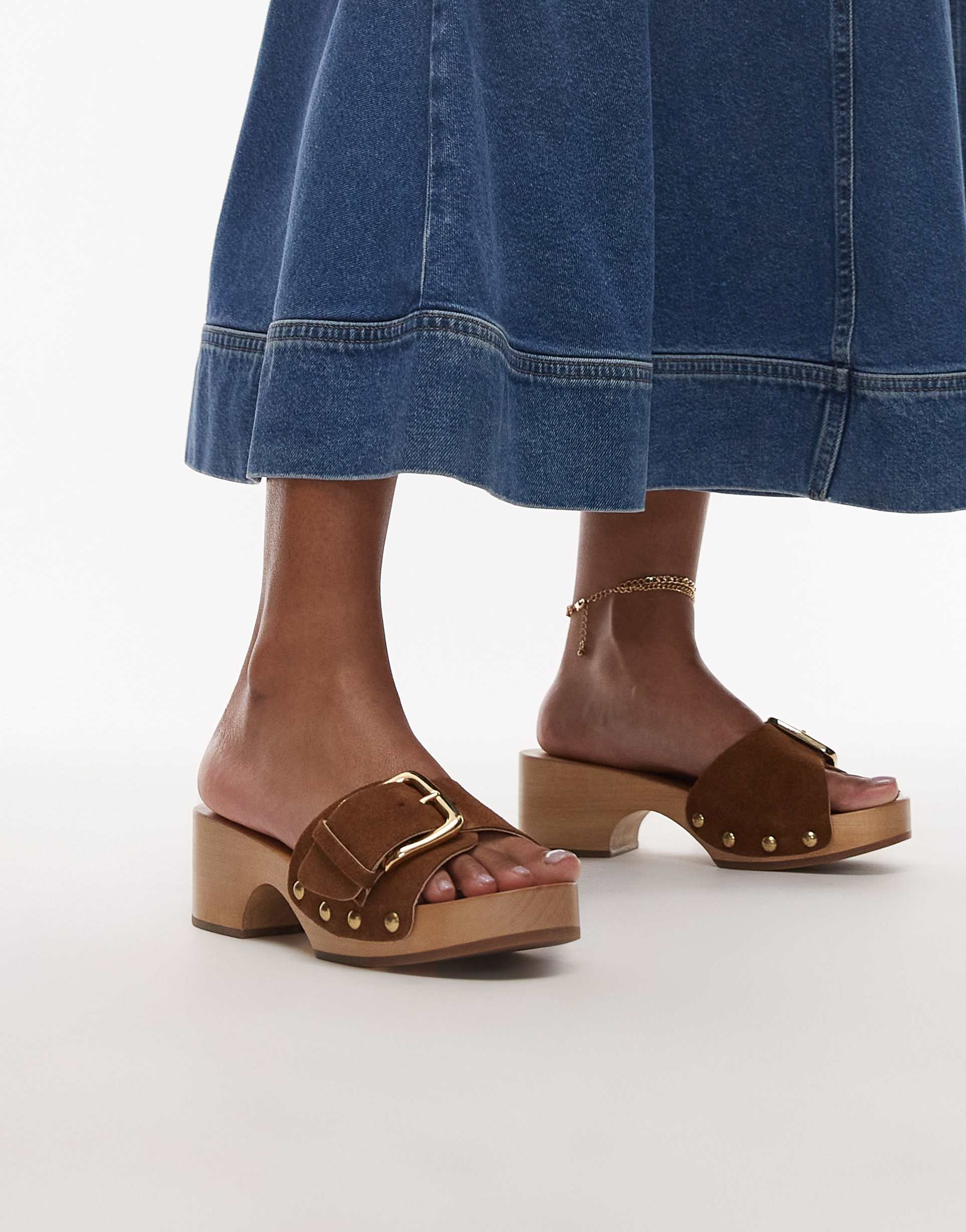 arket wooden heeled clogs with real suede strap and gold buckle in brown