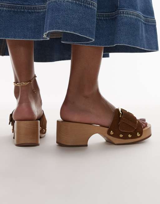 ARKET wooden heeled clogs with real suede strap and gold buckle in