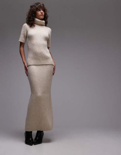 ARKET wool and cotton blend knitted rib short sleeve sweater with roll neck and maxi skirt set in light beige - view 1