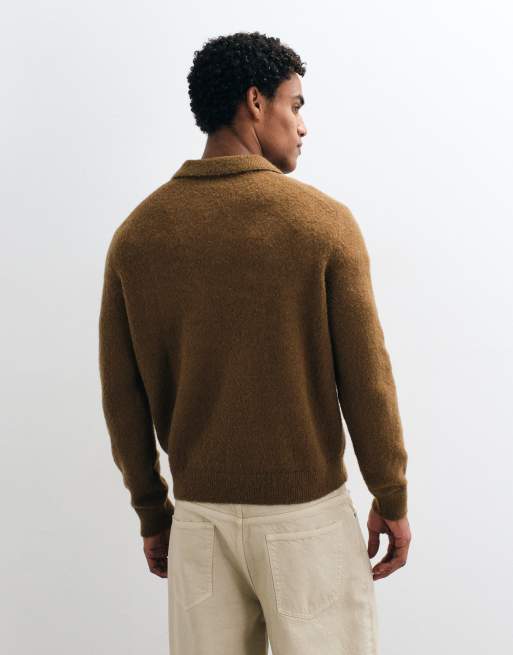 ARKET wool blend boucle polo jumper in chocolate brown, 3 of 5