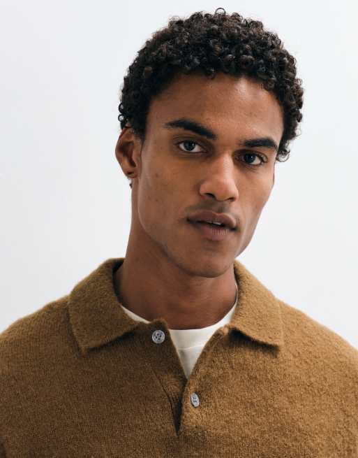 ARKET wool blend boucle polo jumper in chocolate brown, 4 of 5