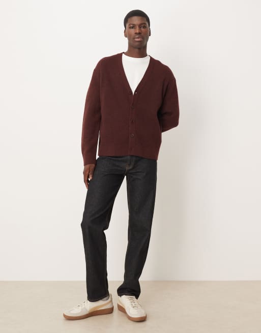 ARKET wool blend cardigan with button front in burgundy wine, 2 of 5
