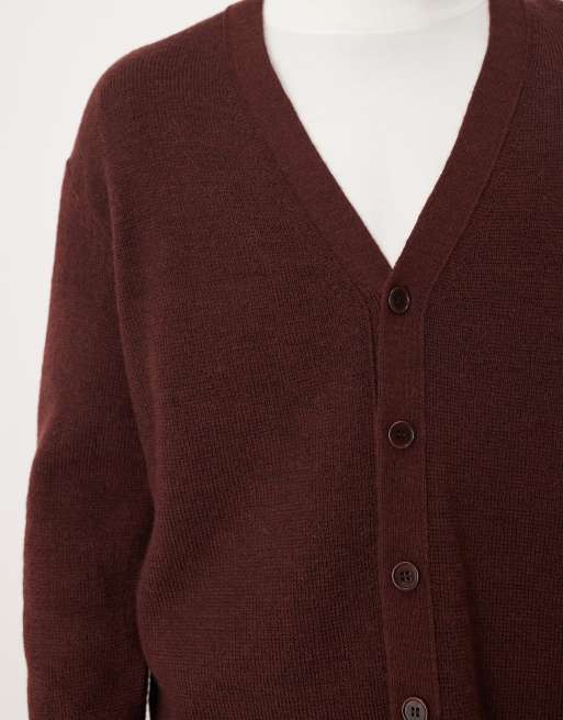 ARKET wool blend cardigan with button front in burgundy wine, 5 of 5