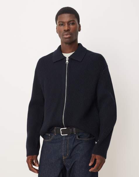 ARKET wool blend chunky rib knit cardigan with two-way zip in navy blue - view 1
