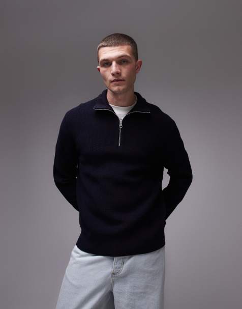 ARKET wool blend chunky ribbed sweater with half zip funnel neck in blue - view 1