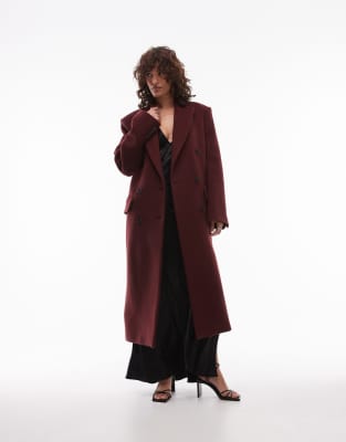 ARKET wool blend double breasted maxi coat in dark burgundy-Red