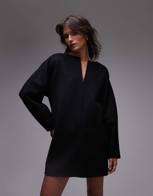 ARKET wool blend double layer mini dress with notch neckline detail in black  | ASOS