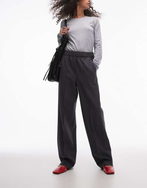 ARKET wool blend flannel straight leg trousers with elasticated waist in grey melange