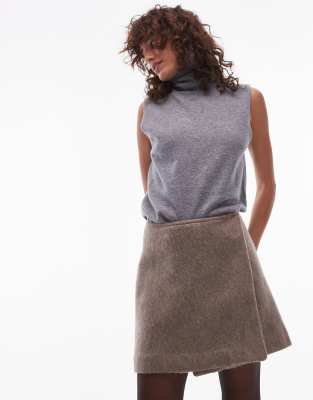 Arket wool blend hairy texture mini skirt with front button wrap detail