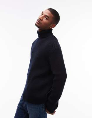 Arket ARKET wool blend knitted rib oversized rollneck sweater in blue
