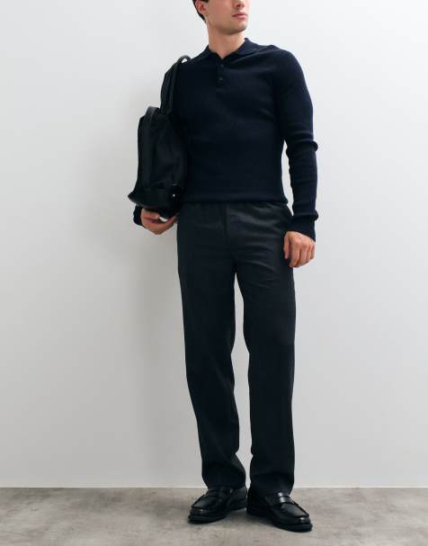 ARKET wool blend pull on straight leg trousers in black - view 1