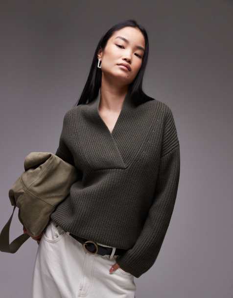 ARKET wool blend rib oversized sweater with shawl collar in khaki green - view 1