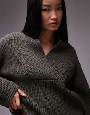 Arket Wool Blend Rib Oversized Sweater With Shawl Collar In Green