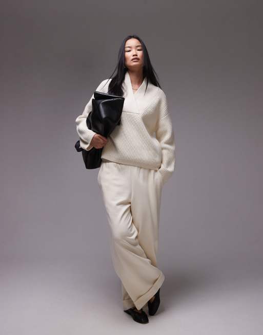 ARKET wool blend rib oversized sweater with shawl collar in off white