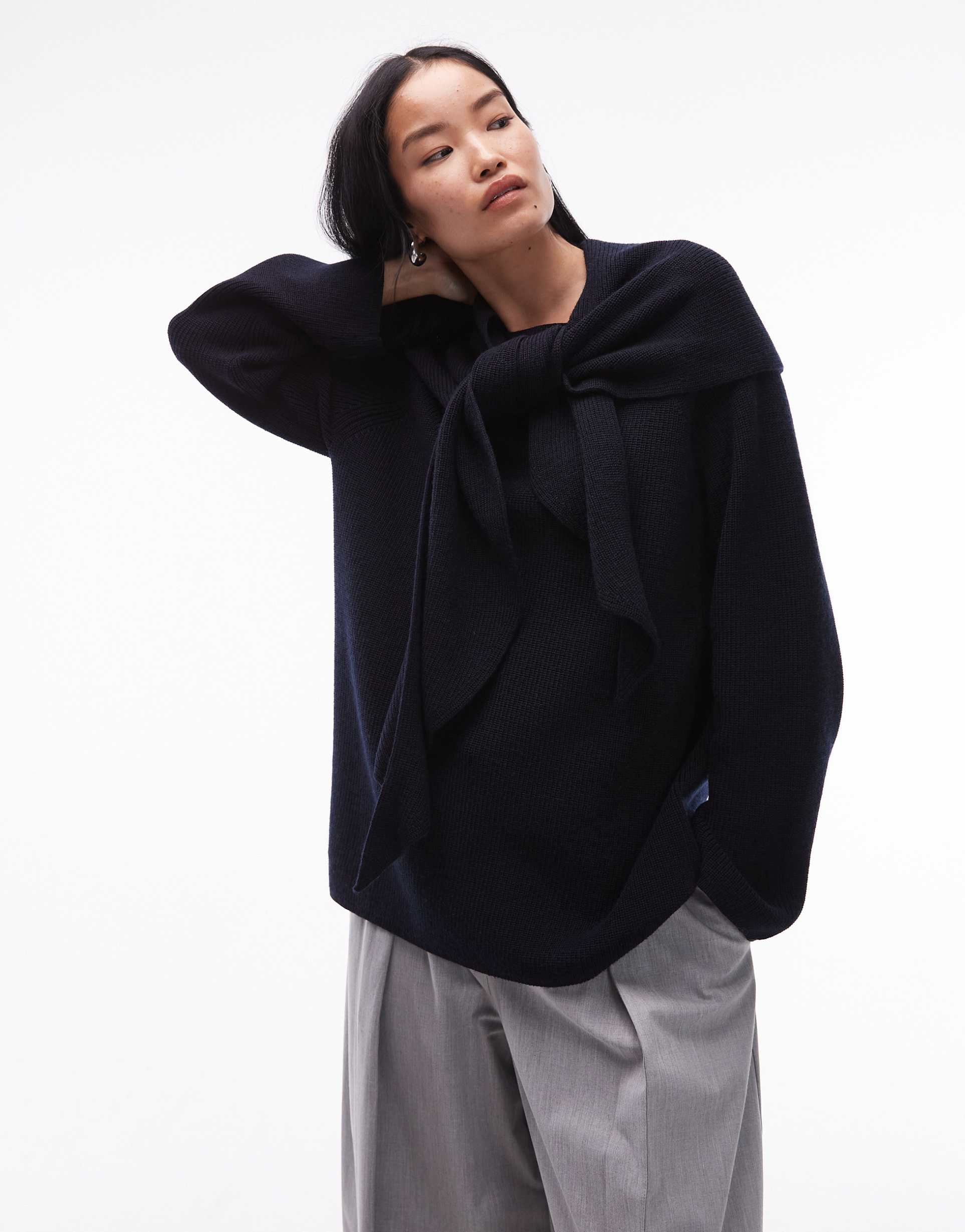 arket wool blend ribbed sweater with scarf shawl in dark navy