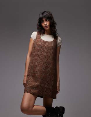 ARKET wool blend sleeveless mini shift dress in brown plaid