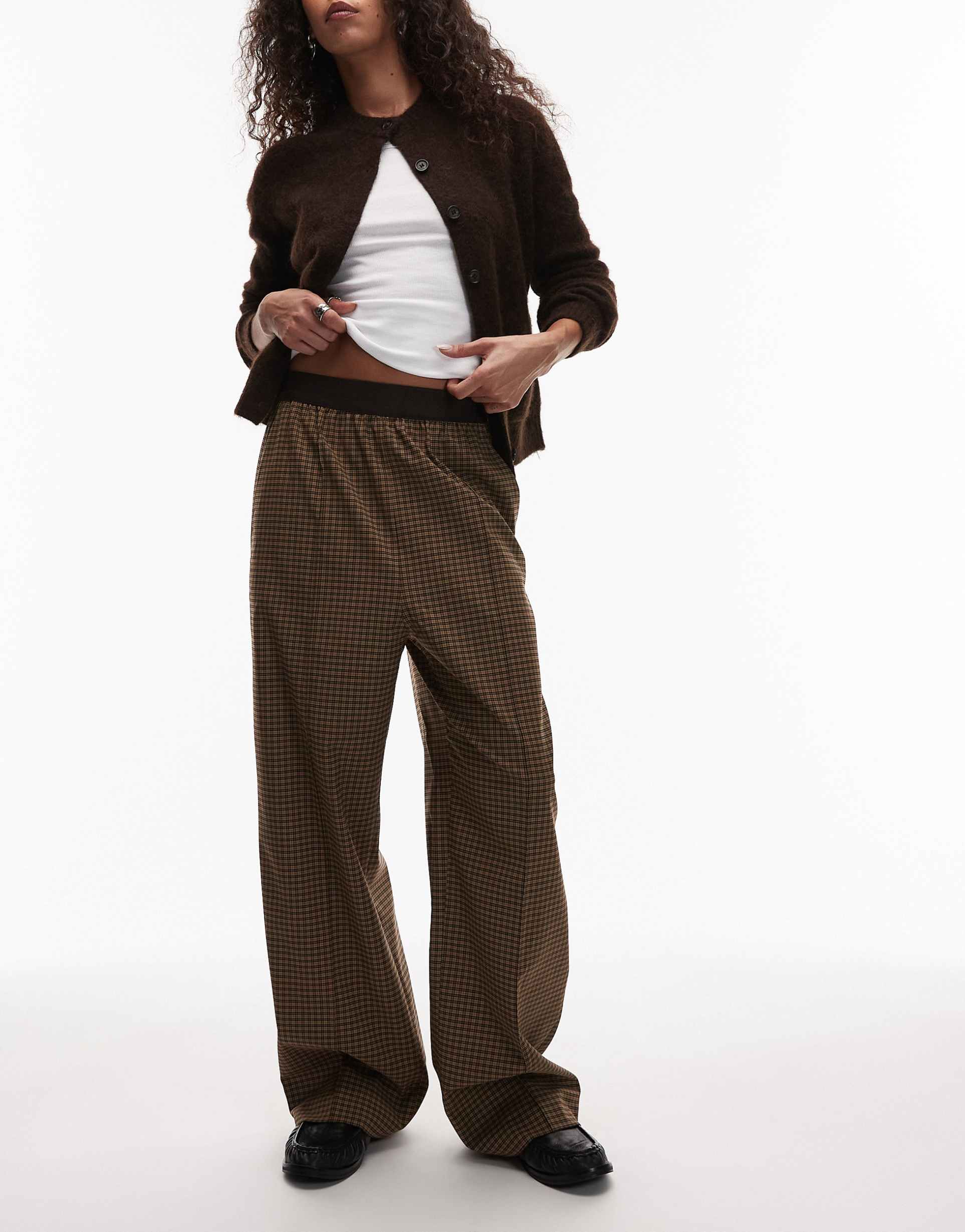 arket wool blend stretch straight leg pants with elasticized waist in light brown plaid
