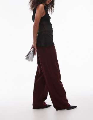 Arket wool blend stretch straight leg pants with flat front in burgundy