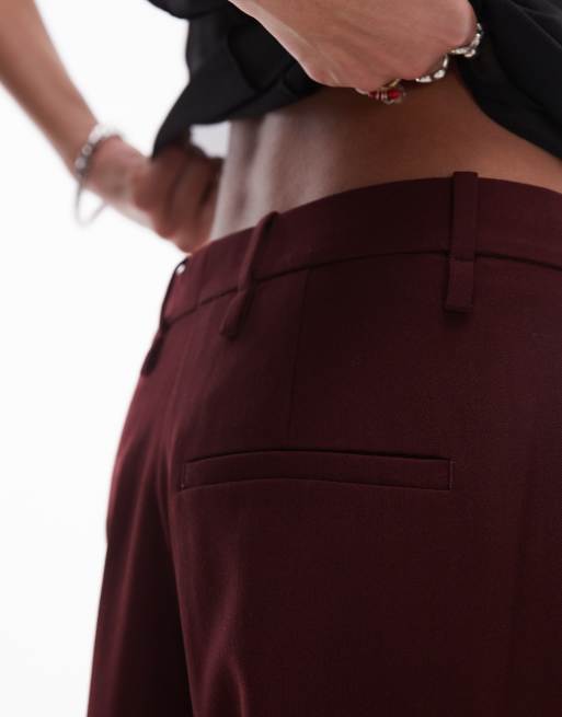 ARKET wool blend stretch straight leg pants with flat front in burgundy