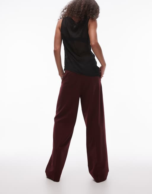 ARKET wool blend stretch straight leg pants with flat front in burgundy
