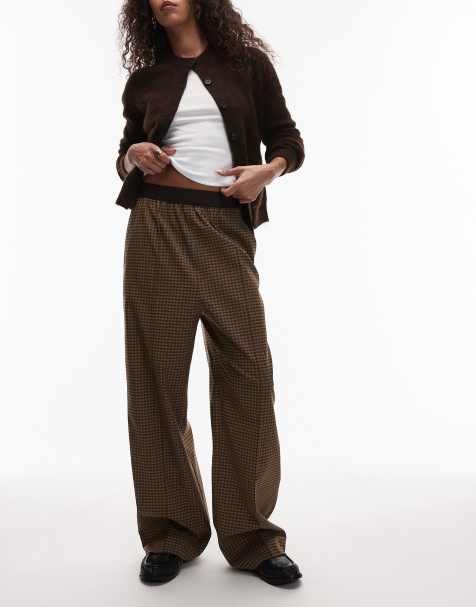 ARKET wool blend stretch straight leg trousers with elasticated waist in light brown checks - view 1