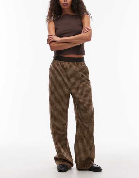 ARKET wool blend stretch straight leg trousers with elasticated waist in light brown checks 
