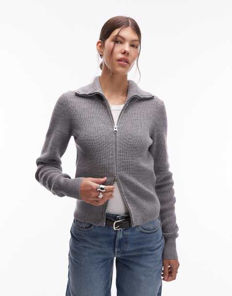 ARKET wool blend zip front cardigan with wide collar in heather gray - view 1