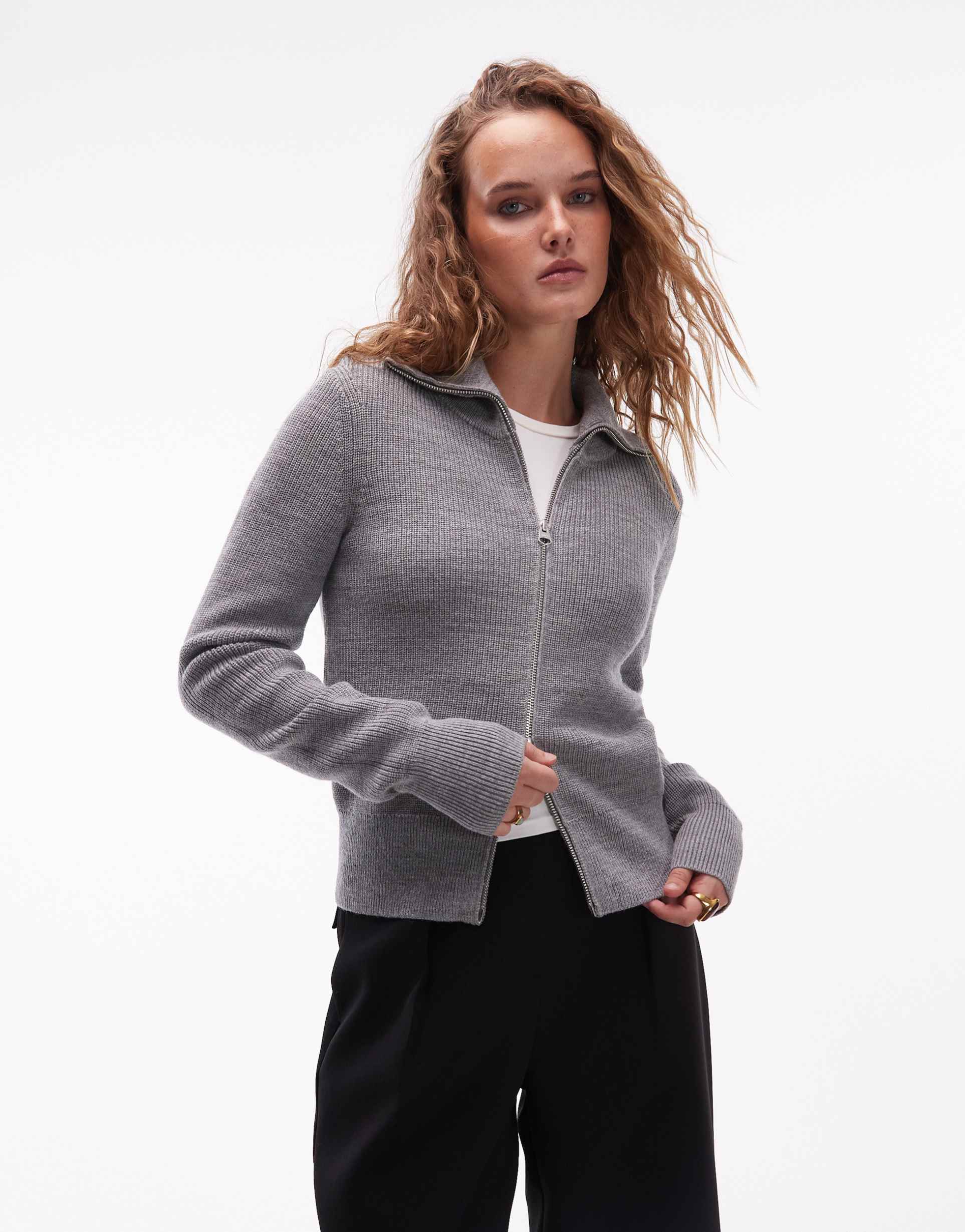 arket wool blend zip front cardigan with wide collar in heather gray