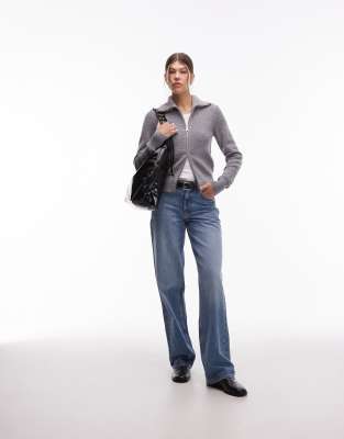 Arket Wool Blend Zip Front Cardigan With Wide Collar In Gray