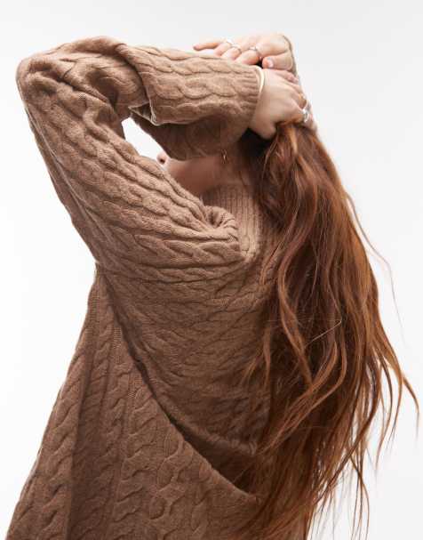 ARKET wool cable knit jumper with fluted neck in camel beige 
