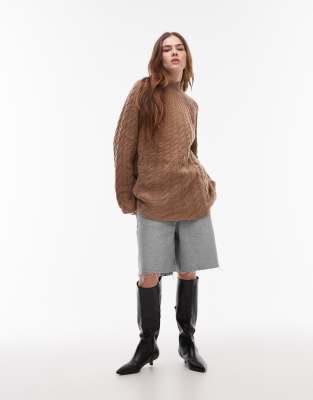 Arket Wool Cable Knit Sweater With Fluted Neck In Brown