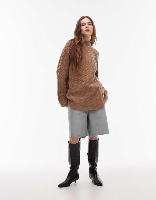 ARKET wool cable knit sweater with fluted neck in camel beige 
