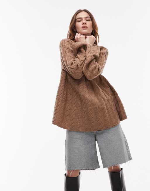 ARKET wool cable knit sweater with fluted neck in camel beige 