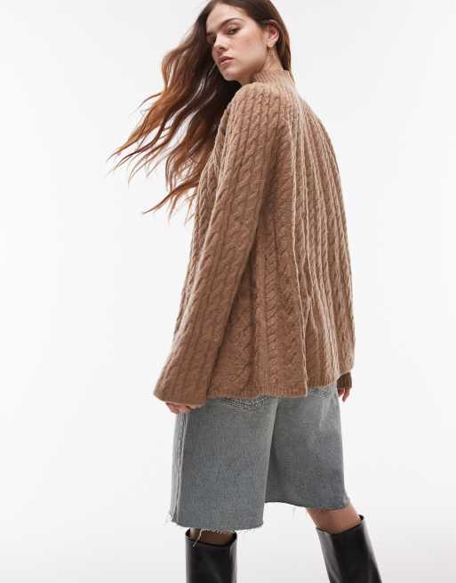 ARKET wool cable knit sweater with fluted neck in camel beige 