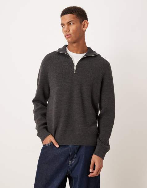 ARKET wool chunky rib jumper with half zip funnel neck in dark grey melange