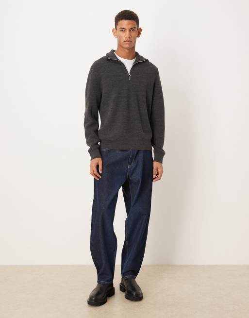 ARKET wool chunky rib jumper with half zip funnel neck in dark grey melange, 2 of 5
