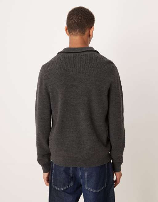 ARKET wool chunky rib jumper with half zip funnel neck in dark grey melange, 3 of 5