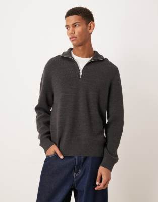 Arket Wool Chunky Rib Sweater With Half Zip Funnel Neck In Gray