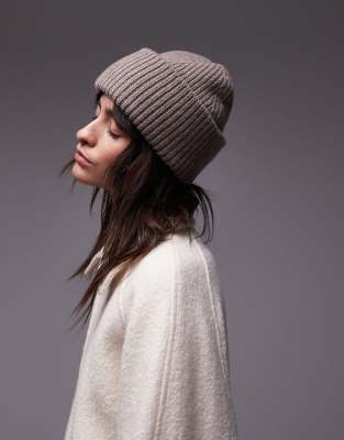 wool double fold beanie hat in beige-Neutral